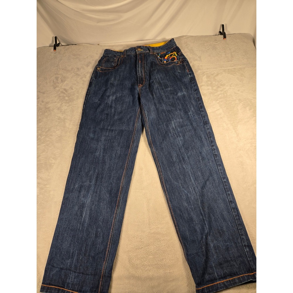 Russo Jeans Mens Dark Wash Rainbow Embroidered Wide Leg Denim Blue Jeans